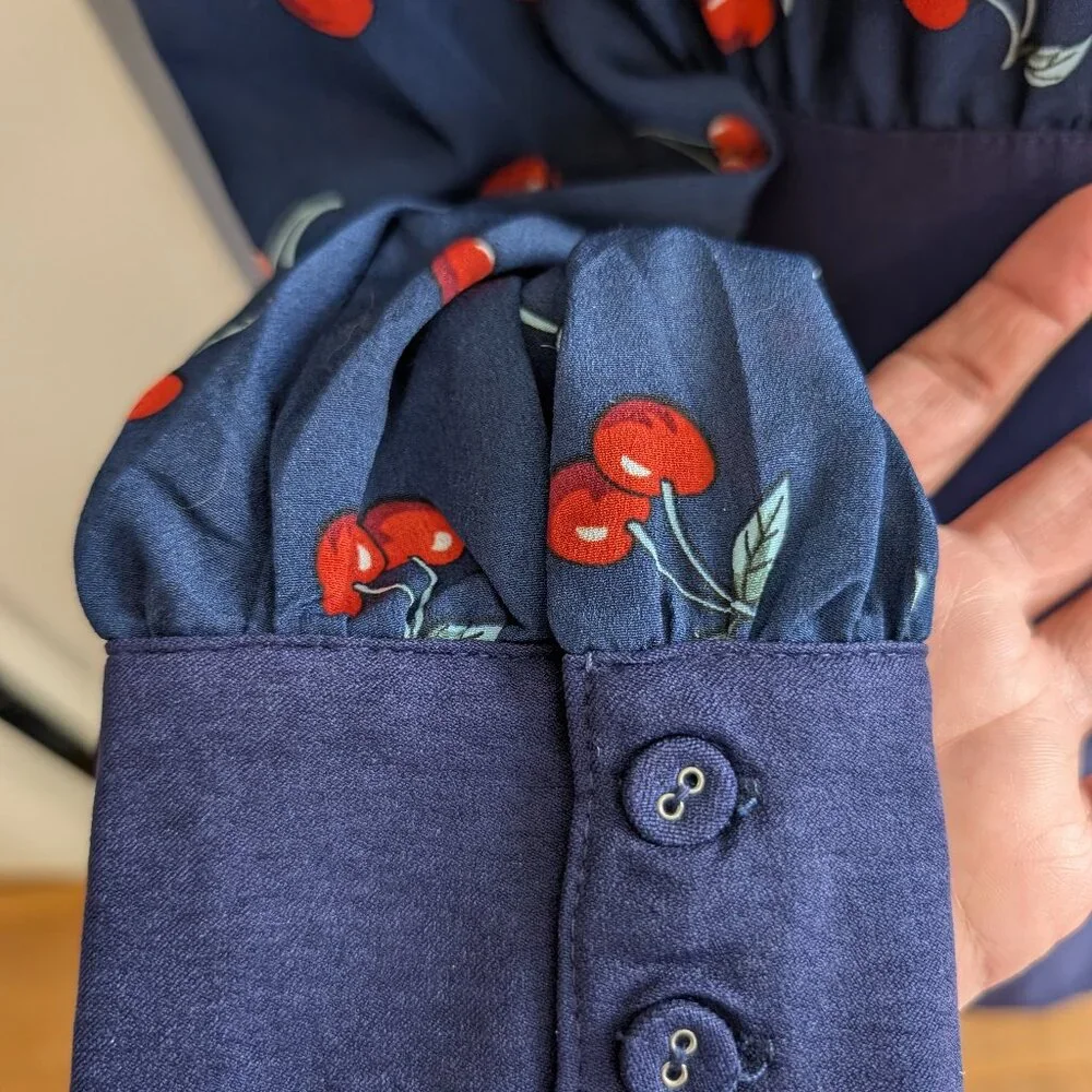 NWT Unique Vintage Navy Cherry Print Bishop Sleeve Wiggle Pencil Dress L(10/12) - Picture 12 of 13